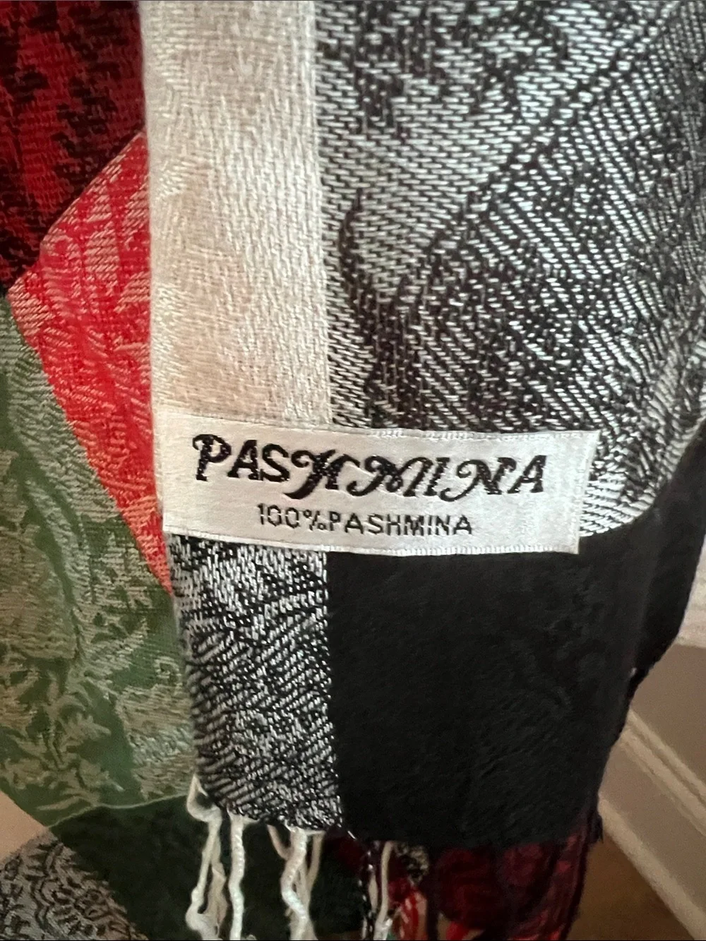 pashmina | Black, White, Red & Green Paisley Patch Scarf Wrap Sz 76” L x 27” W
